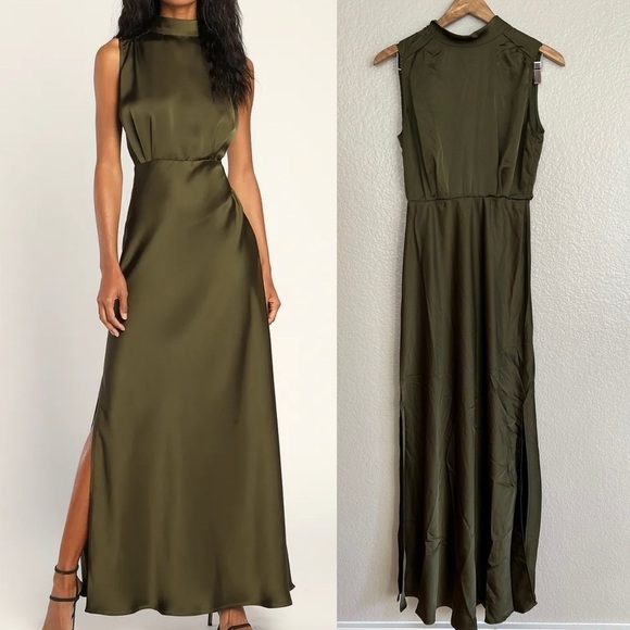 Lulus Dresses & Skirts - Classic Elegance Olive Satin Sleeveless Mock Neck Maxi Dress